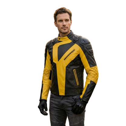 Front view of mens yellow and black leather motorcycle jacket
