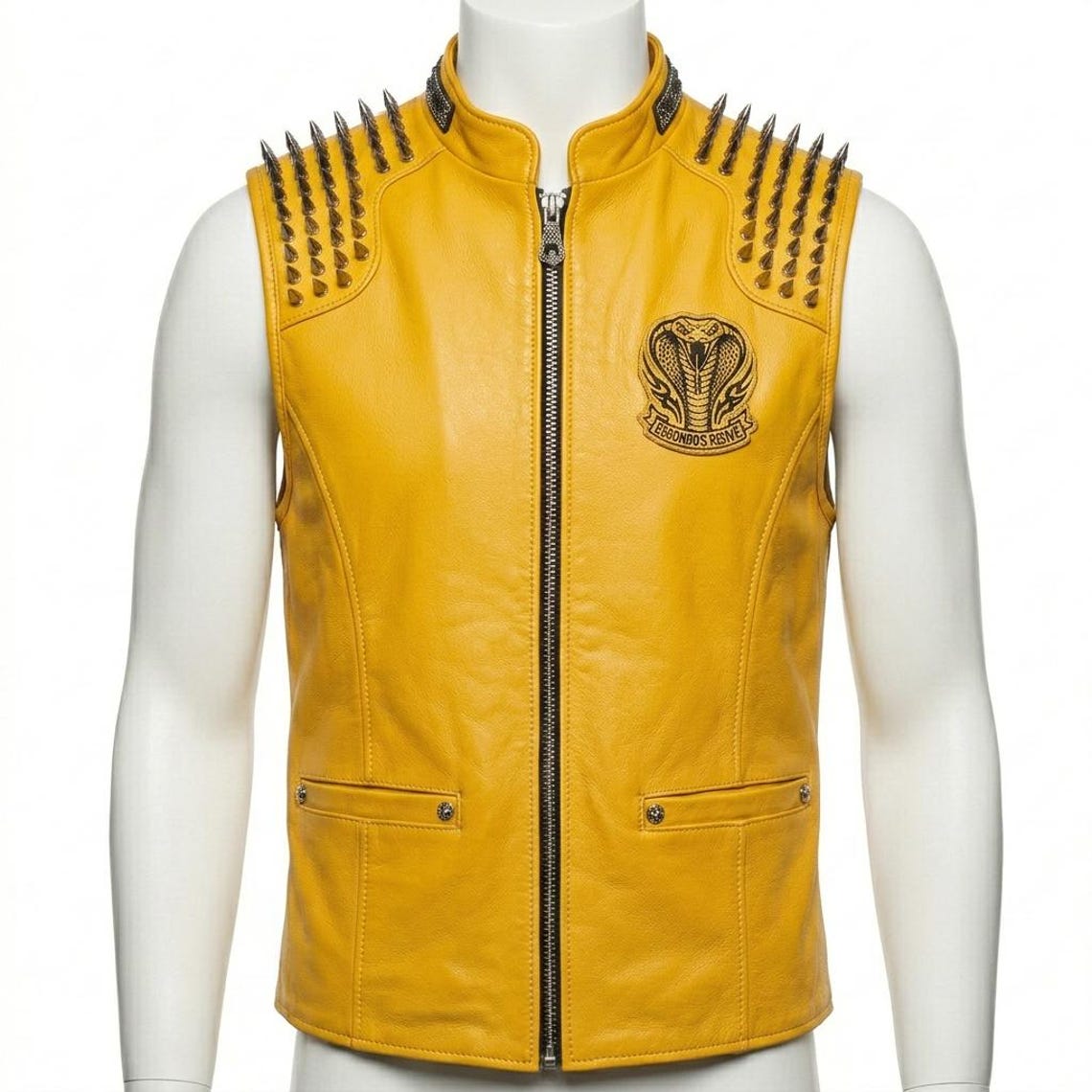 Front view of men yellow leather biker vest with spikes and embroidery
