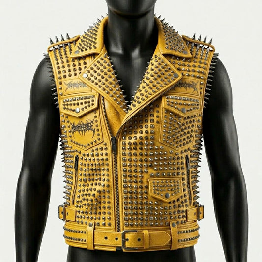 Front view of men yellow studded leather biker vest with spike detailing
