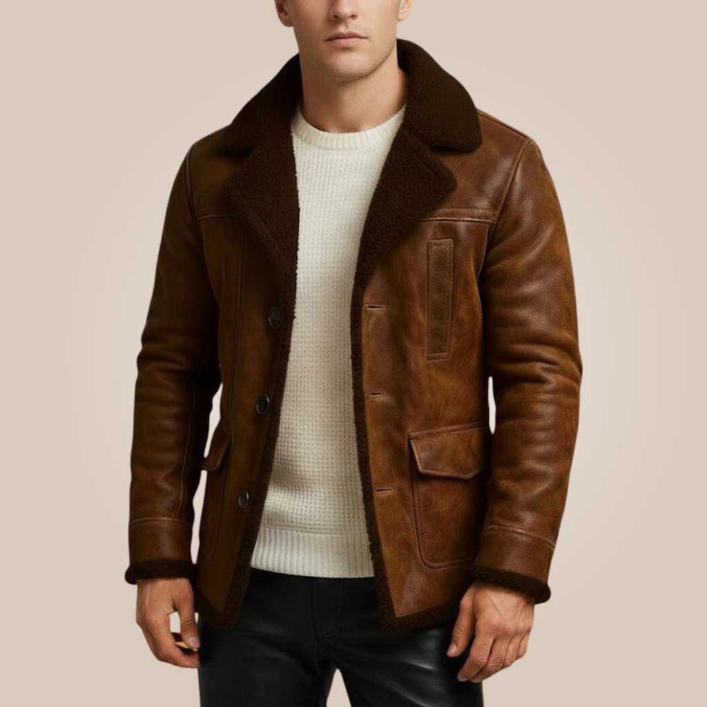 men’s brown shearling leather jacket with fur lining