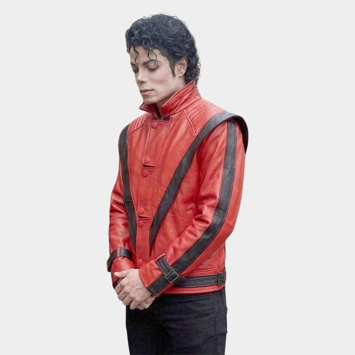 Red and black cosplay jacket with belted waist and buckle cuffs