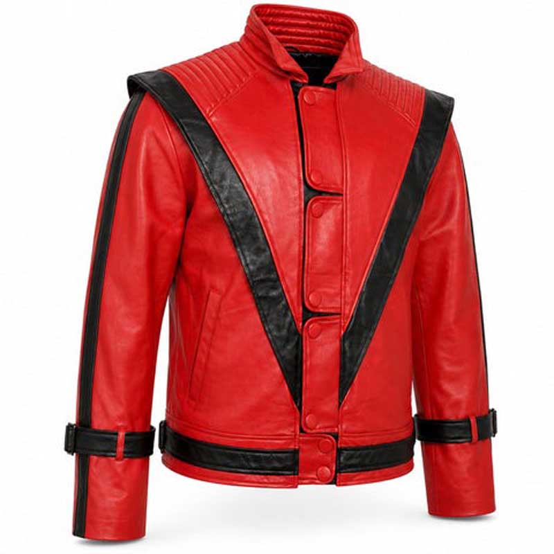 Red leather jacket with buckle-adjustable gauntlet cuffs