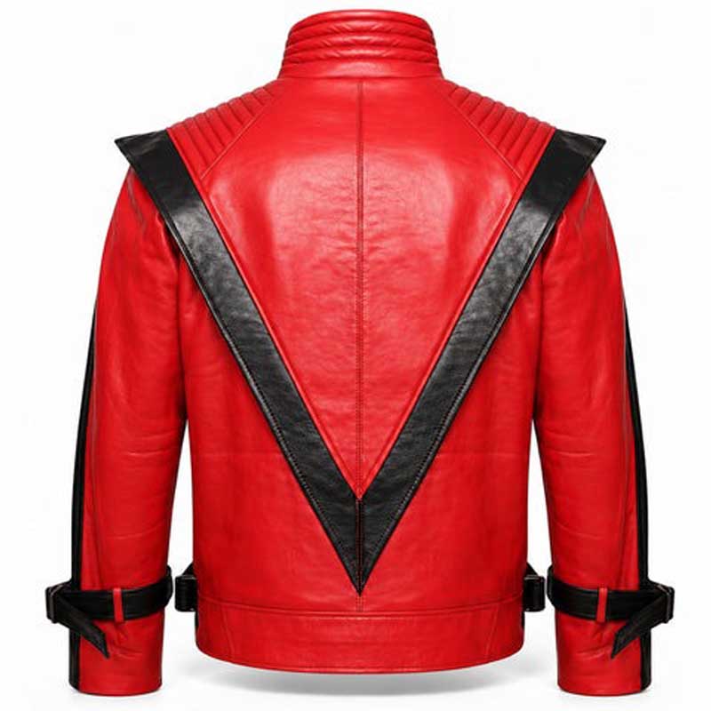 Red and black sheepskin jacket with two angled welt pockets