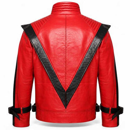 Red and black sheepskin jacket with two angled welt pockets