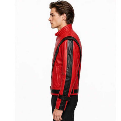 Red genuine sheepskin leather jacket with black V-shaped panels