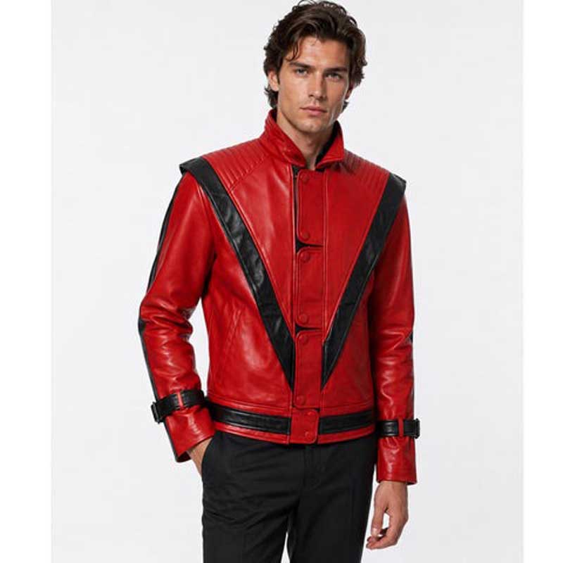 Red and black leather jacket featuring oversized back chevron