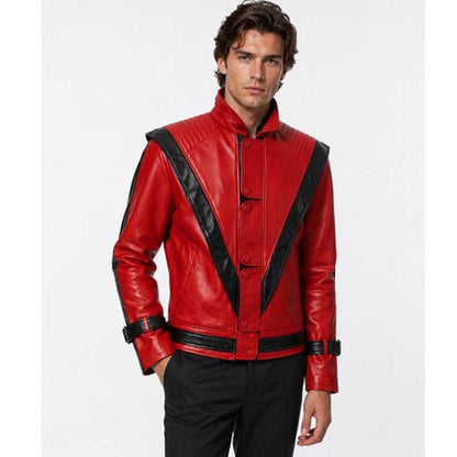 Red and black leather jacket featuring oversized back chevron