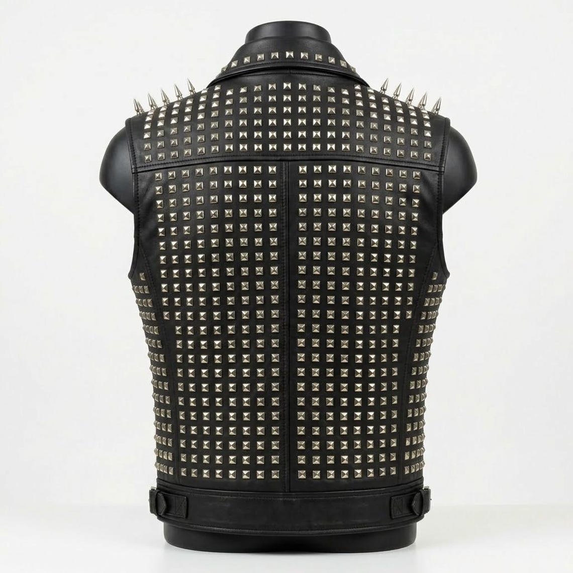 Back view of black motorcycle studded leather waistcoat