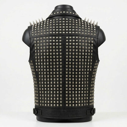 Back view of black motorcycle studded leather waistcoat