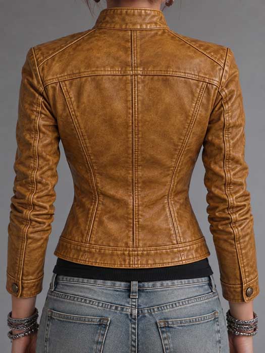 Fitted mustard brown leather jacket with high collar