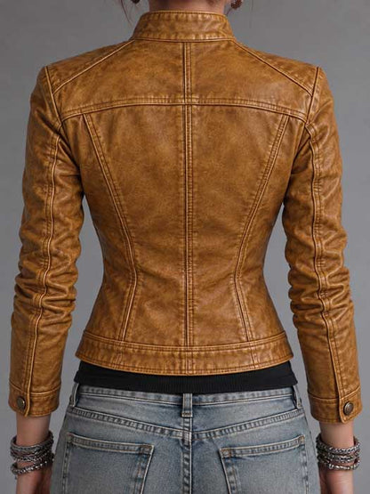 Fitted mustard brown leather jacket with high collar