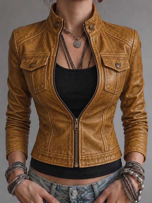 Mustard brown utility leather jacket with flap chest pockets