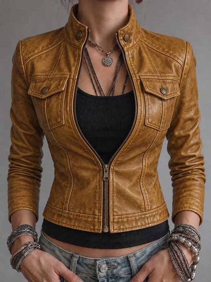 Mustard brown utility leather jacket with flap chest pockets