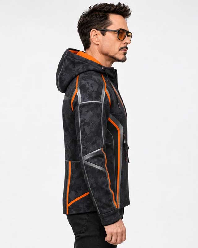 Avengers Infinity War Tony Stark Hooded Jacket side view highlighting its urban silhouette
