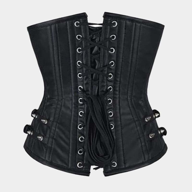 Black leather underbust corset with silver-tone front zipper