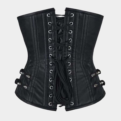 Black leather underbust corset with silver-tone front zipper