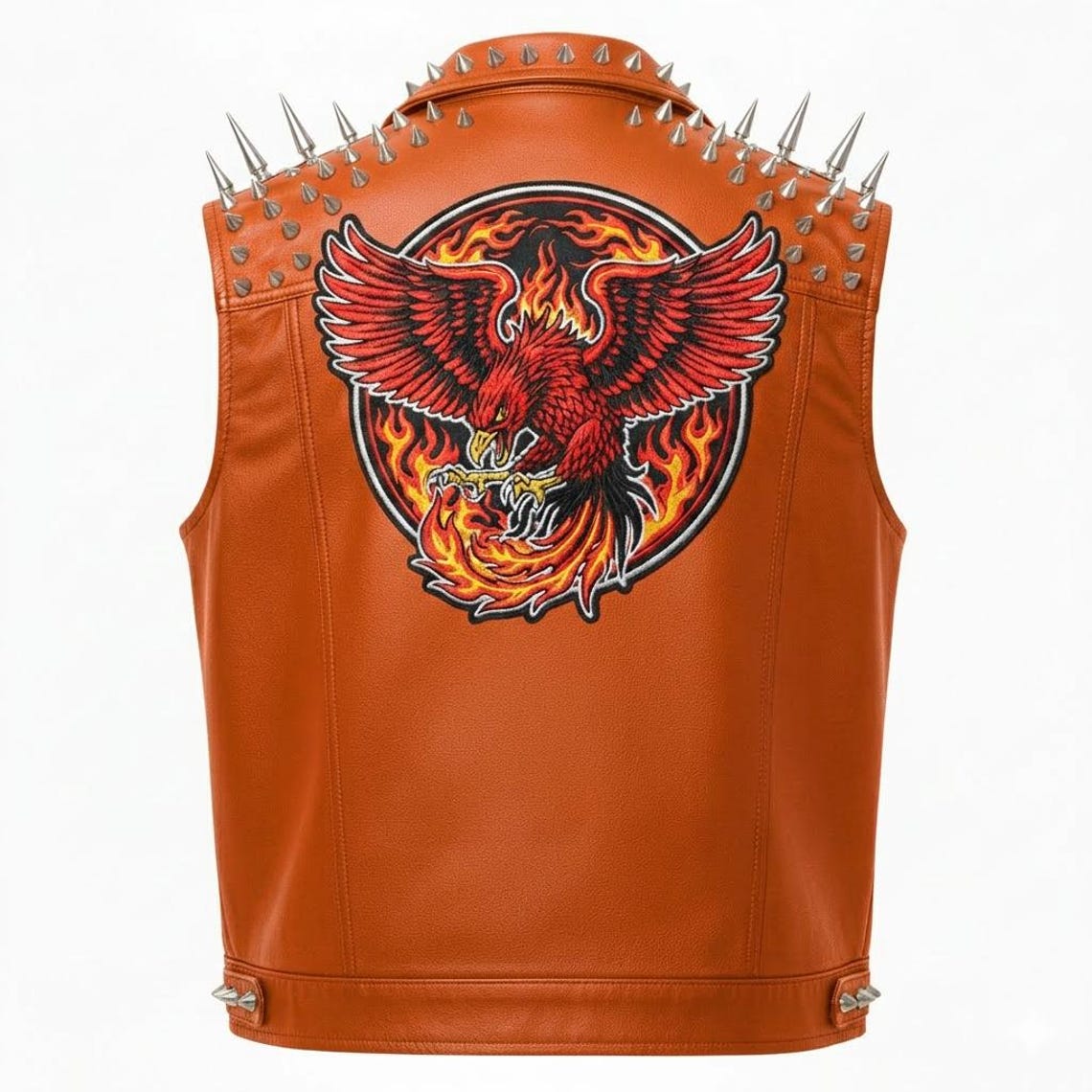 Back view of orange biker vest featuring phoenix fire patch