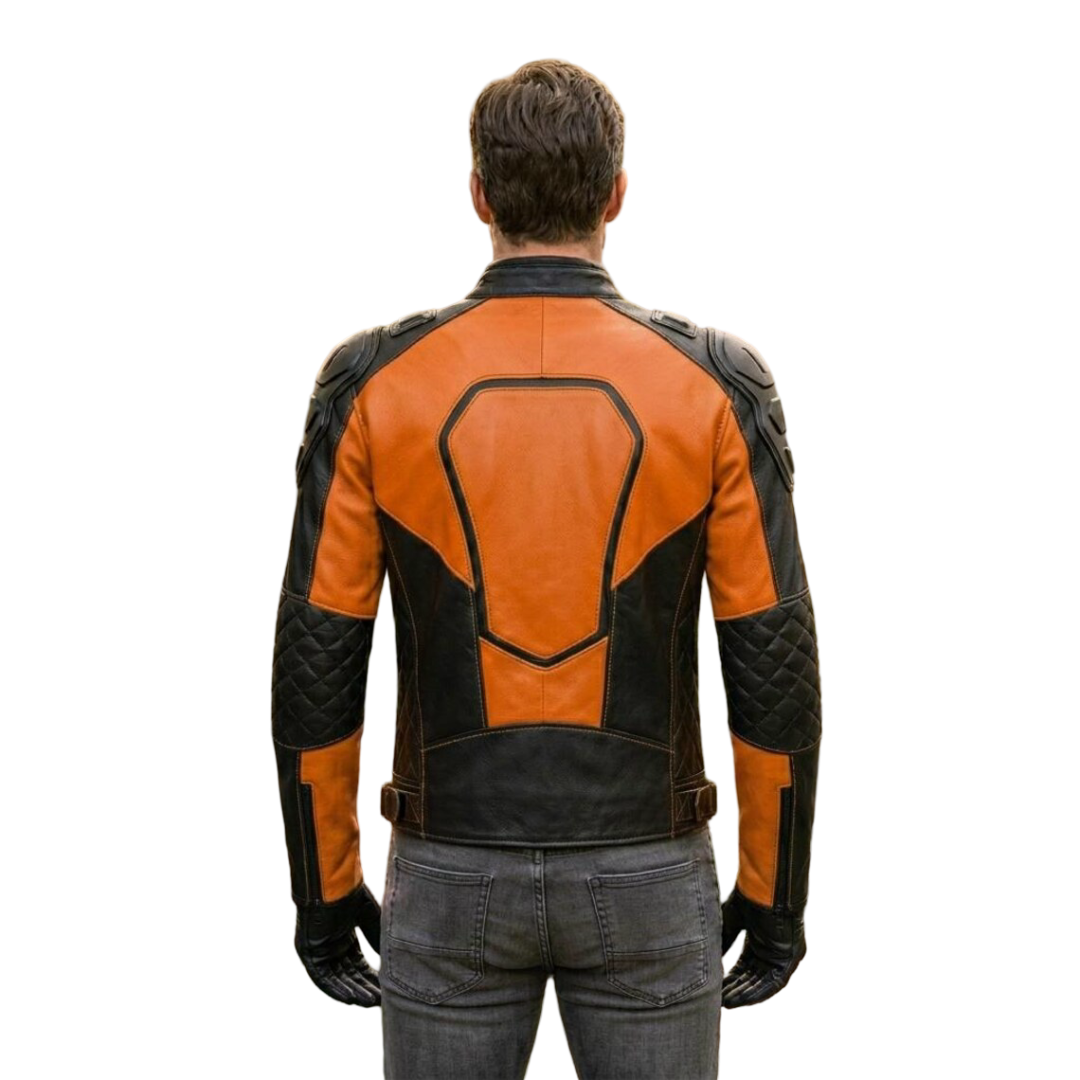 Back view of orange and black moto leather jacket with racing panels
