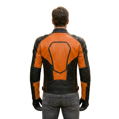 Back view of orange and black moto leather jacket with racing panels