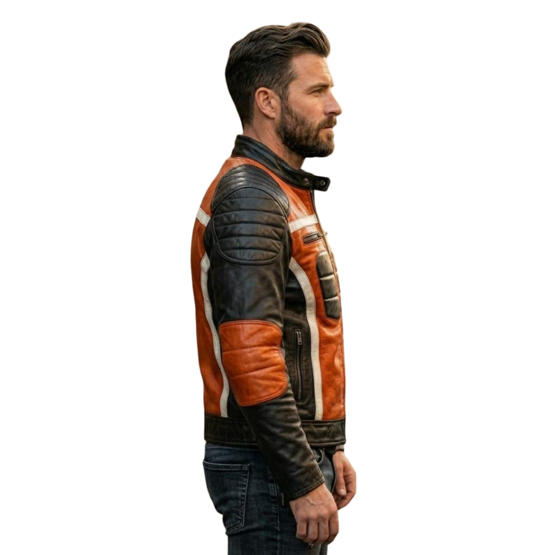Side angle of orange and black racing style leather jacket for men