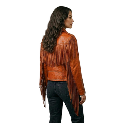 Back design of women western biker orange leather jacket with fringe detail
