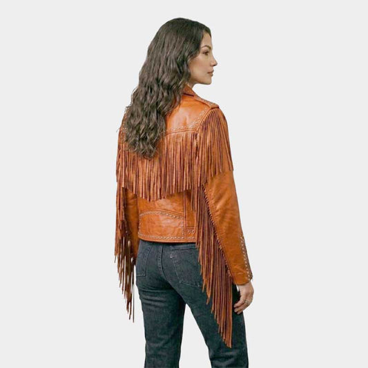 Women Orange Fringe Studded Leather Jacket Western Biker Style