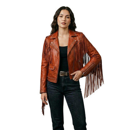Front view of women orange fringe studded leather jacket with metal studs