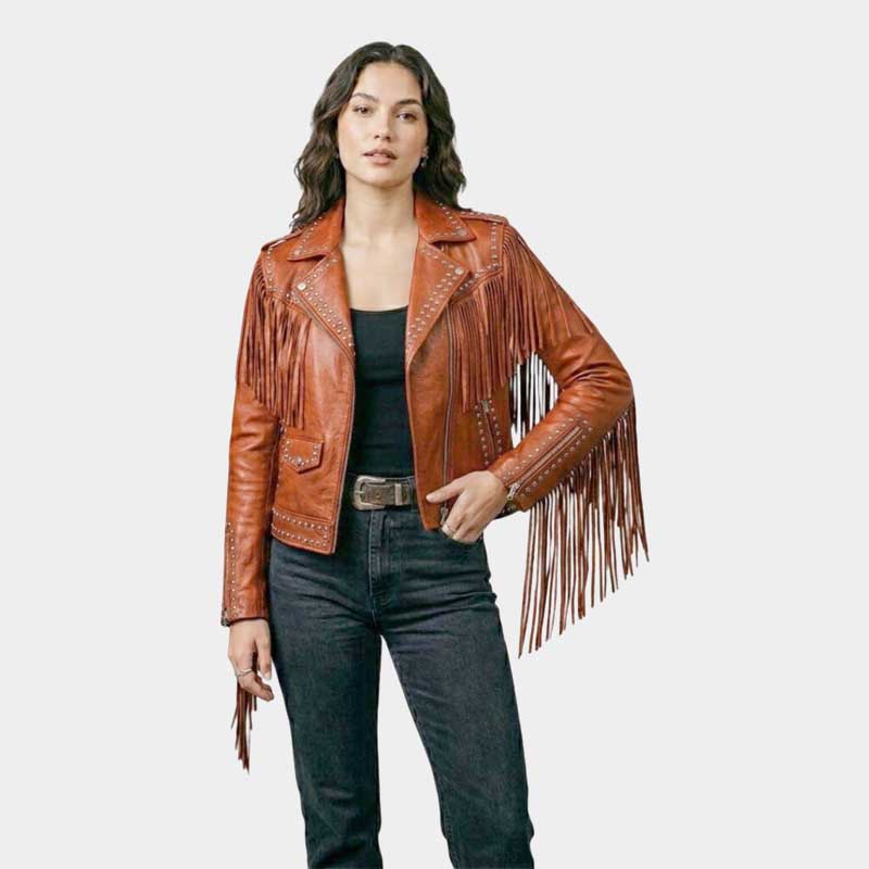 Women Orange Fringe Studded Leather Jacket Western Biker Style