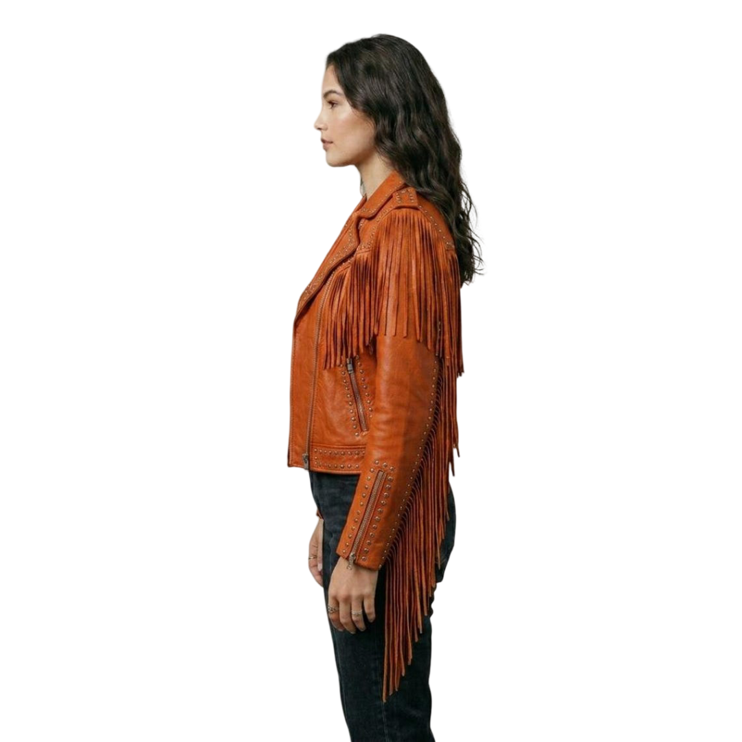 Side profile of orange fringe studded leather jacket showing long fringe sleeves