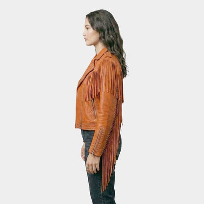 Women Orange Fringe Studded Leather Jacket Western Biker Style