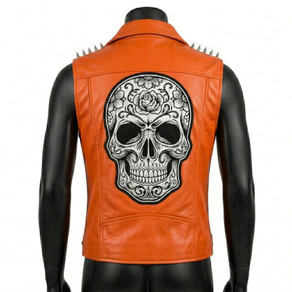 Back design of orange leather biker vest with bold detailing
