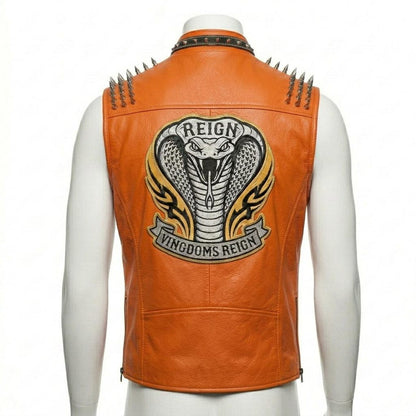 Back embroidery detail on orange leather biker vest for men

