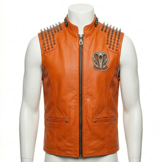  Front view of men orange leather biker vest with spikes and embroidery