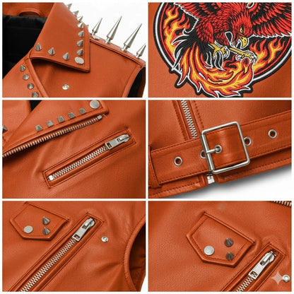 Phoenix fire patch design on orange studded biker vest