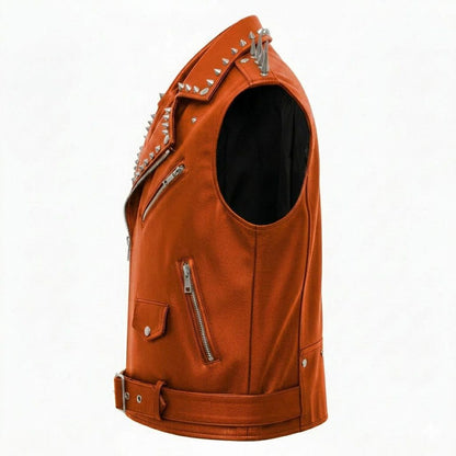 Side profile of orange studded leather biker vest