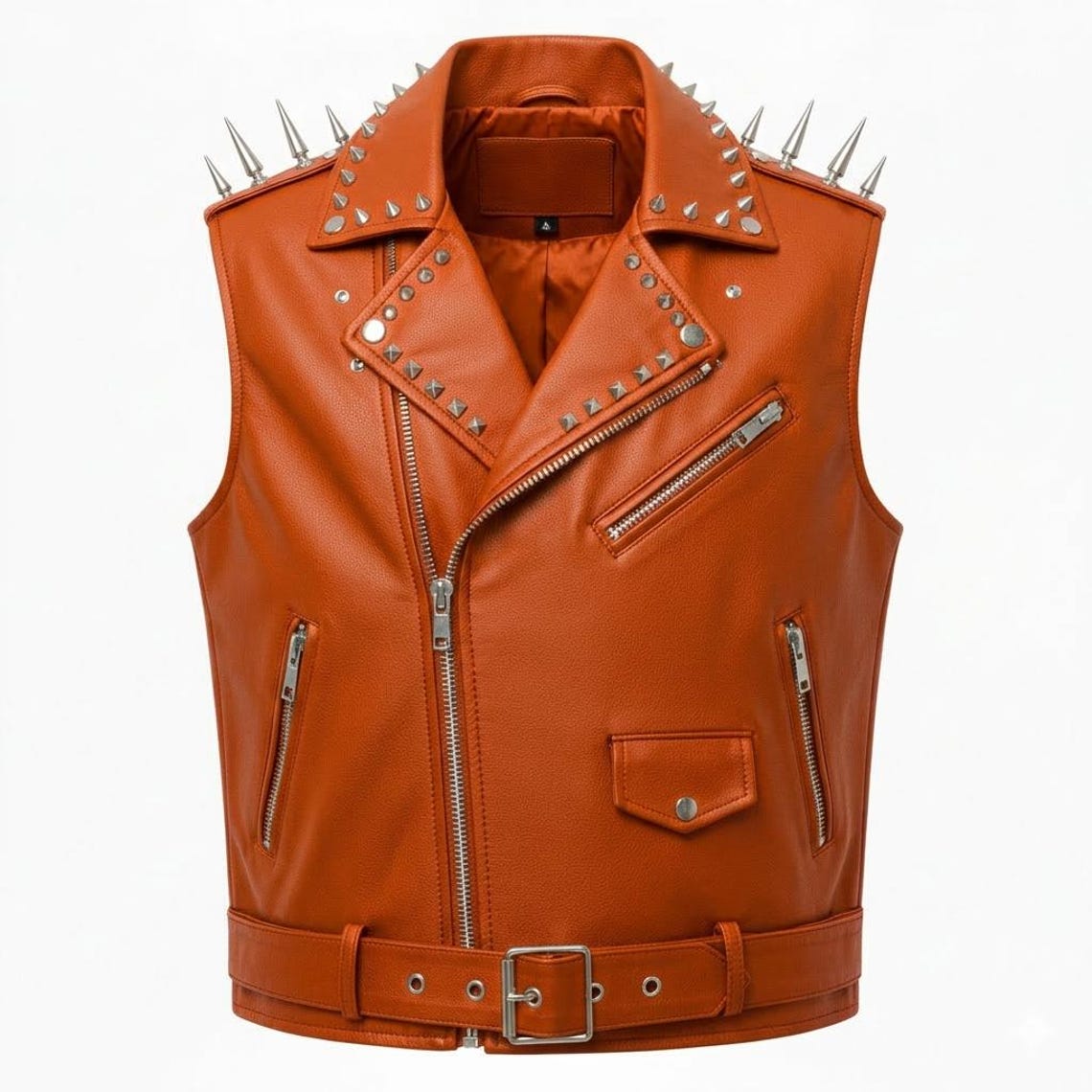  Front view of orange studded leather biker vest with snap closure