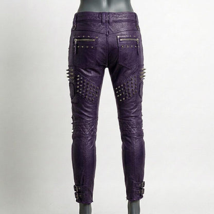 Back view of orange studded leather pant for women