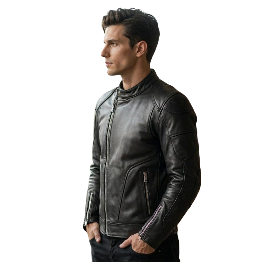 Side view of padded motorcycle leather jacket for men