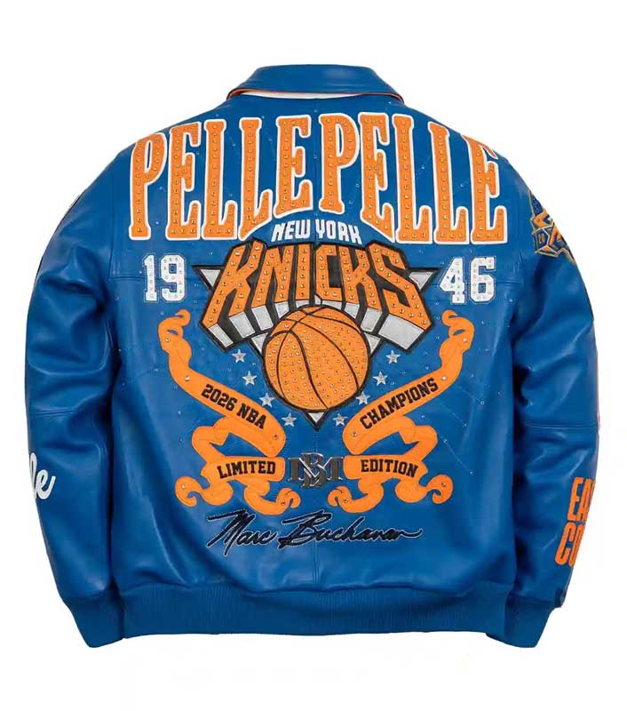 Blue genuine leather jacket featuring full-length sleeves and ribbed cuffs.