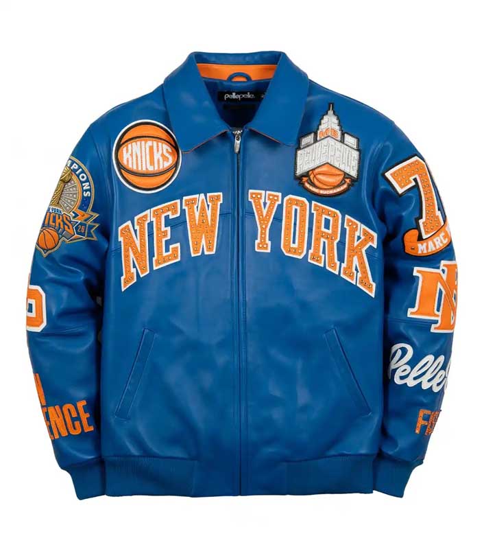 Pelle Pelle x FISLL Knicks blue real leather jacket with a classic-style collar.