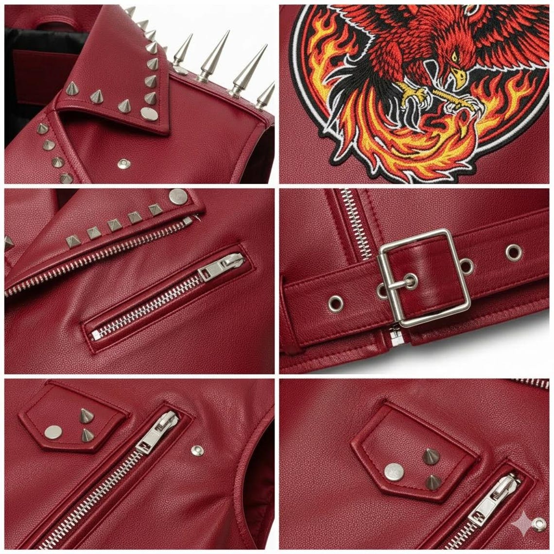 Detailed phoenix fire patch on red studded biker vest