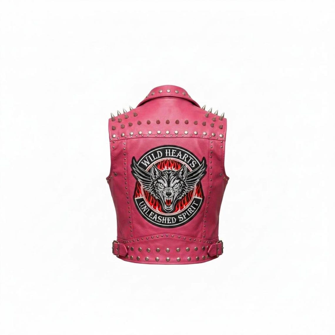 Back view showing wolf patch on pink studded leather biker vest