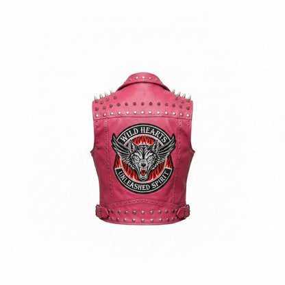 Back view showing wolf patch on pink studded leather biker vest