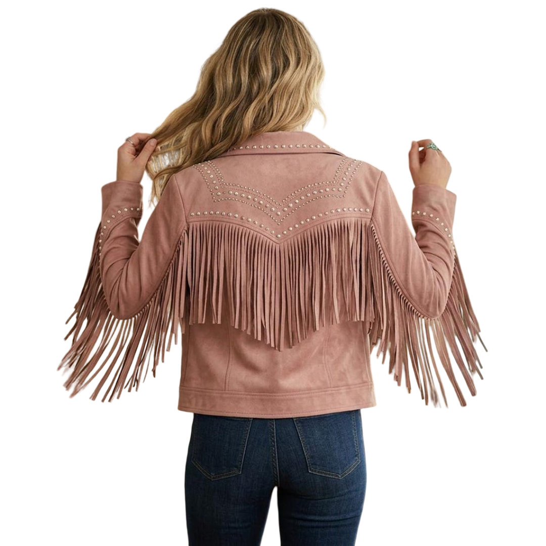  Back view of pink leather fringe jacket with flowing fringe