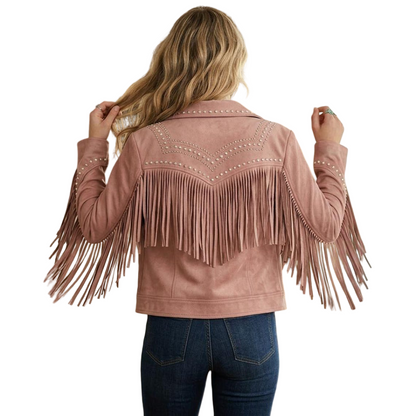  Back view of pink leather fringe jacket with flowing fringe