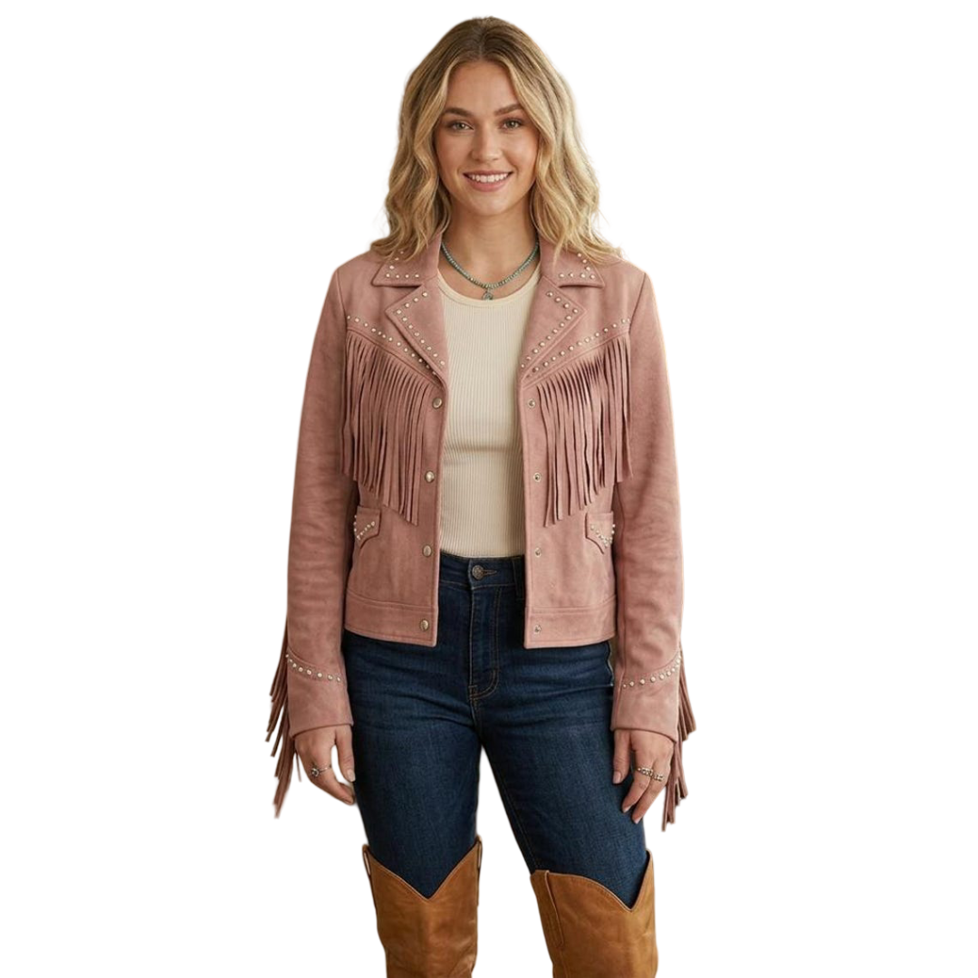 Front view of women pink leather fringe jacket with studded western design