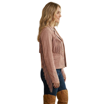 Side detail of long fringe on pink leather fringe jacket