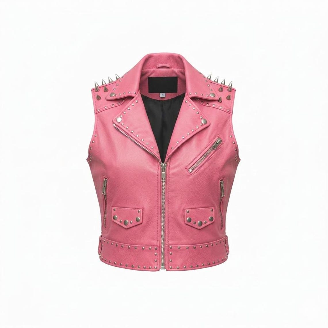Front view of women pink studded leather biker vest with metal spikes