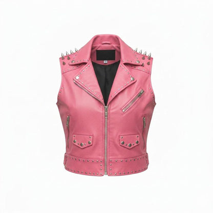 Front view of women pink studded leather biker vest with metal spikes