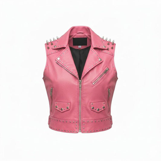 Front view of women pink studded leather biker vest with metal spikes